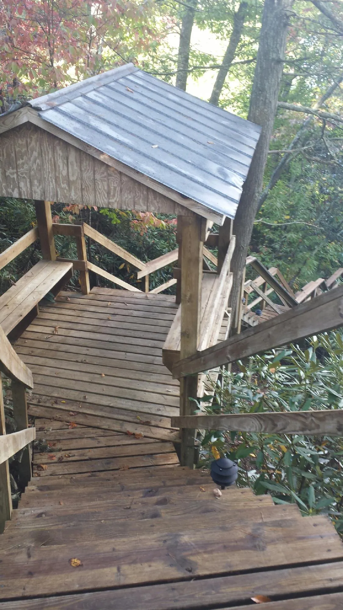 Metal roofed shelter over wooden steps on a wooded walkway — Skylight Repair & Installation work by our crew in Bigelow
